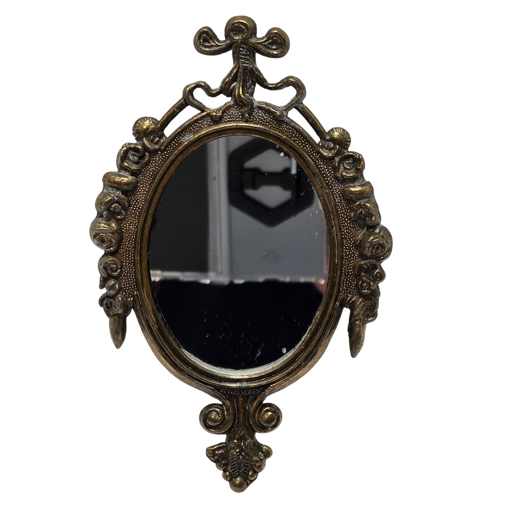 Vintage Made in Italy Ornate Brass Oval Wall Mirror Floral Bow Detail 6.25"*
